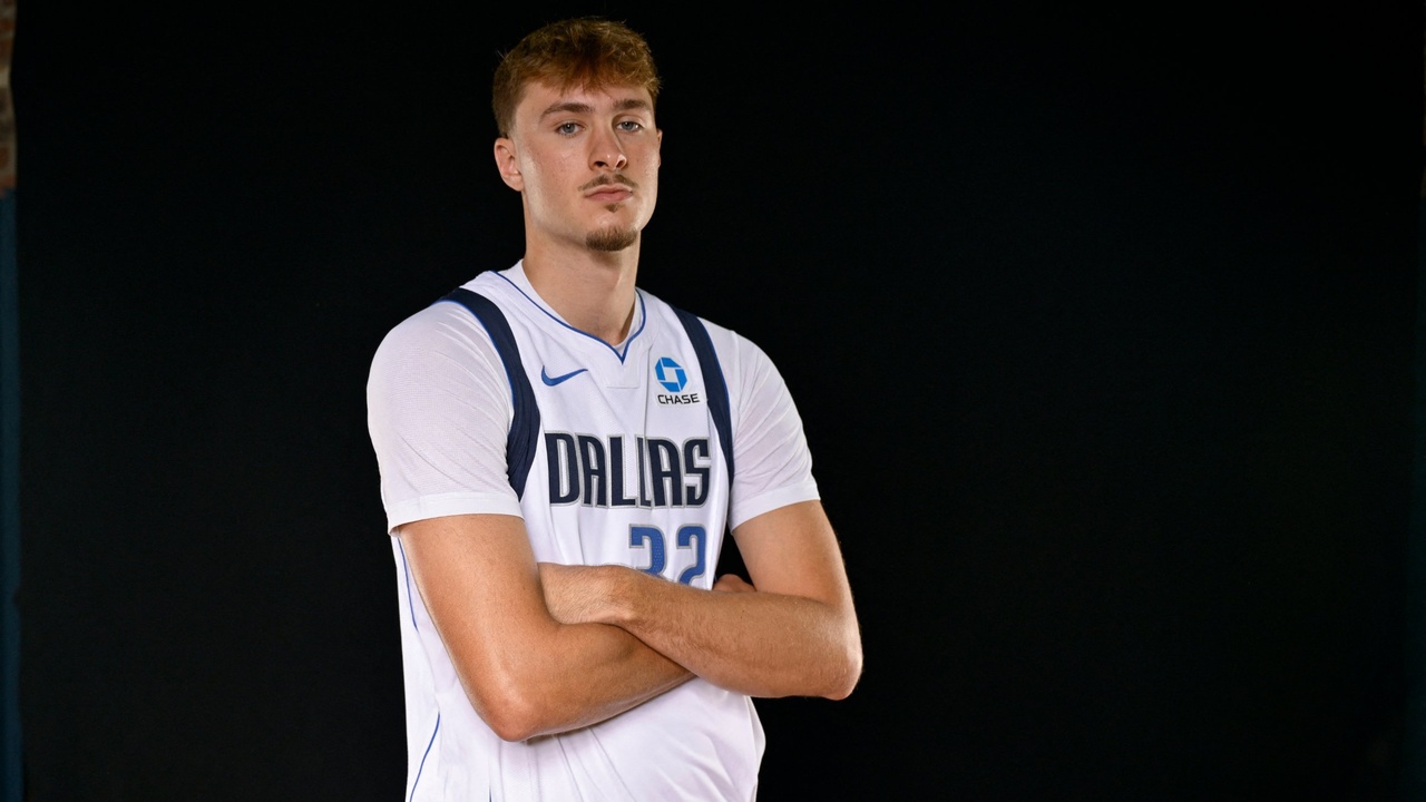 Dallas Mavericks forward Cooper Flagg #32 poses for a portrait during NBA Media Day at American Airlines Center.