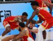 Mavericks forward Cooper Flagg fights for a loose ball on the floor as three Rockets players swarm him.