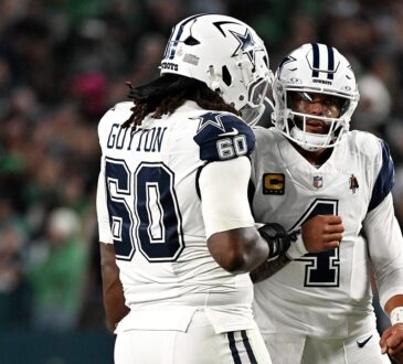 Dallas Cowboys quarterback Dak Prescott pumps his fist with offensive tackle Tyler Guyton, who wears No. 60, after a score.