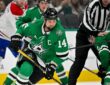Stars left wing Jamie Benn, wearing the captain’s C, skates toward the puck against the Canadiens.