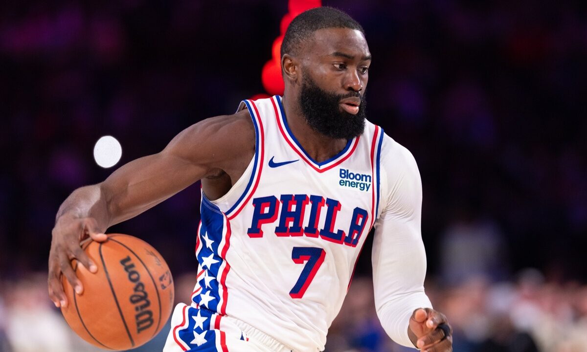 Philadelphia 76ers guard Jaylen Brown #7 drives against the Milwaukee Bucks during the second quarter at Xfinity Mobile Arena.