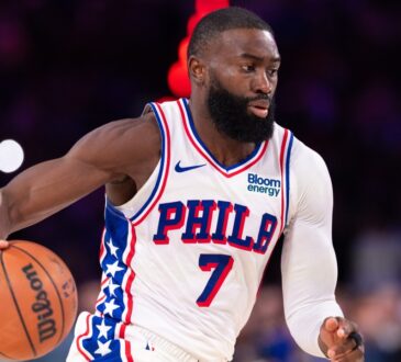 Philadelphia 76ers guard Jaylen Brown #7 drives against the Milwaukee Bucks during the second quarter at Xfinity Mobile Arena.