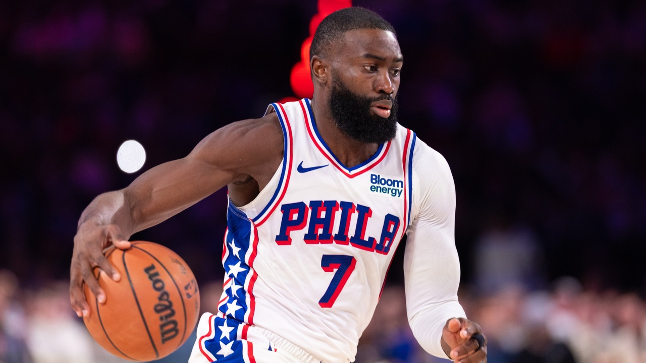 Philadelphia 76ers guard Jaylen Brown #7 drives against the Milwaukee Bucks during the second quarter at Xfinity Mobile Arena.