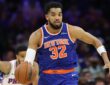 New York Knicks center Karl-Anthony Towns #32 in action against the Philadelphia 76ers during the second quarter at Xfinity Mobile Arena.