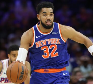 New York Knicks center Karl-Anthony Towns #32 in action against the Philadelphia 76ers during the second quarter at Xfinity Mobile Arena.