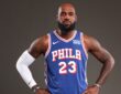Philadelphia 76ers forward LeBron James poses for a portrait during NBA Media Day at the team's training complex.