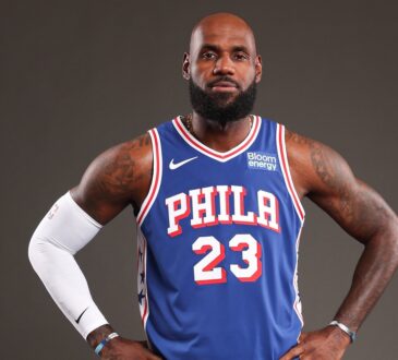 Philadelphia 76ers forward LeBron James poses for a portrait during NBA Media Day at the team's training complex.