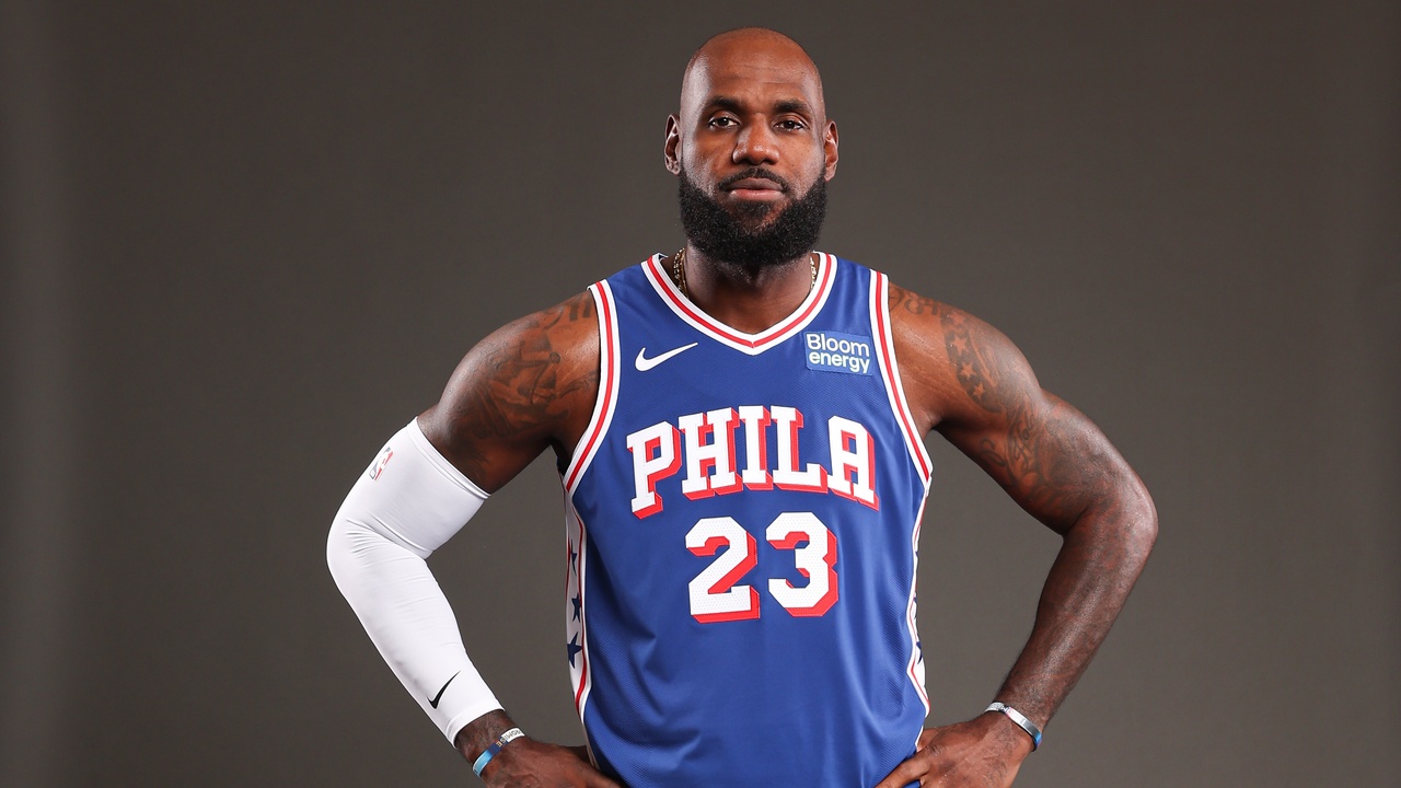 Philadelphia 76ers forward LeBron James poses for a portrait during NBA Media Day at the team's training complex.