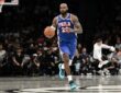 Philadelphia 76ers forward LeBron James #23 during the first half of an NBA preseason game against the Brooklyn Nets at Barclays Center.