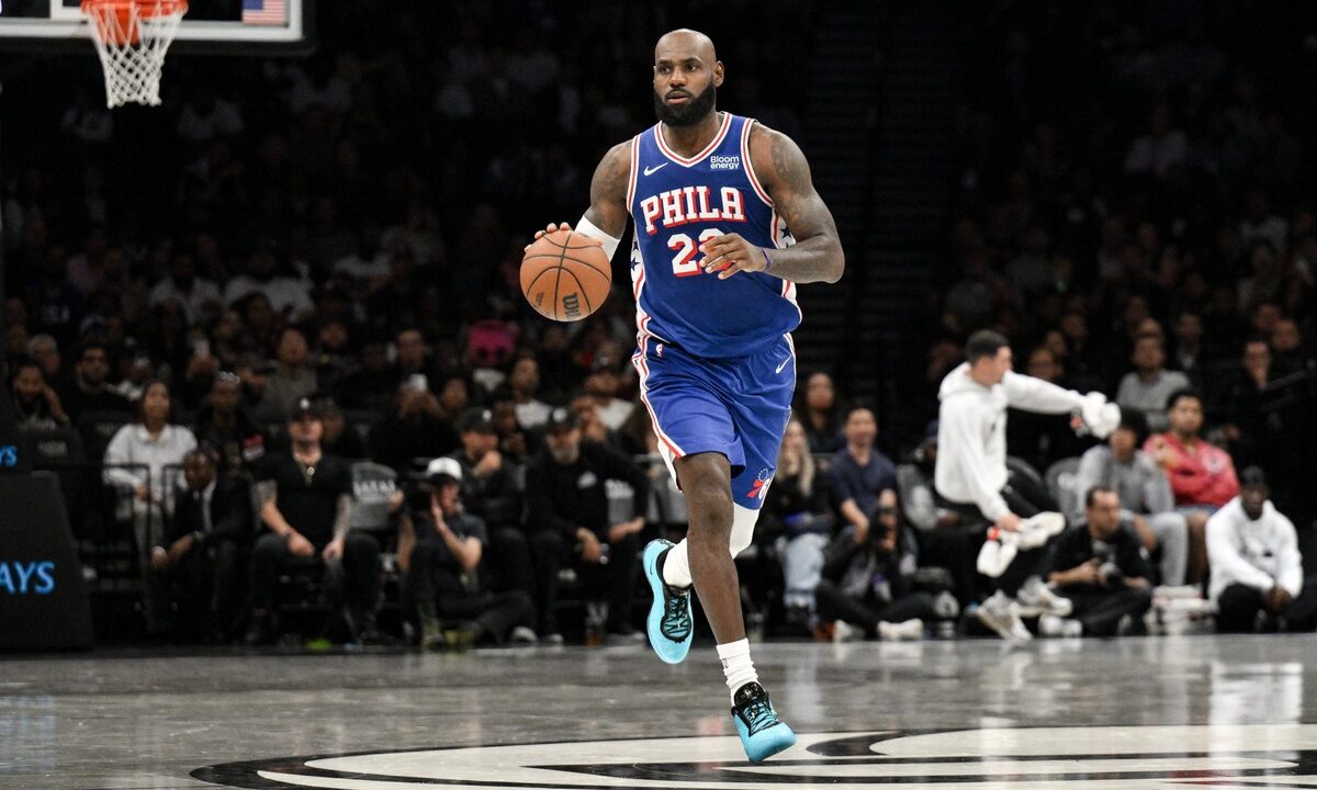 Philadelphia 76ers forward LeBron James #23 during the first half of an NBA preseason game against the Brooklyn Nets at Barclays Center.