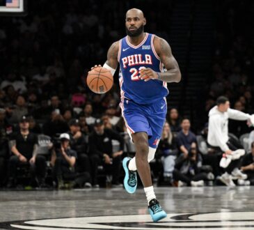 Philadelphia 76ers forward LeBron James #23 during the first half of an NBA preseason game against the Brooklyn Nets at Barclays Center.