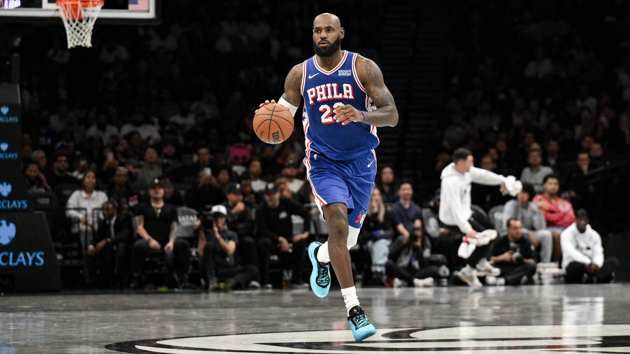 Philadelphia 76ers forward LeBron James #23 during the first half of an NBA preseason game against the Brooklyn Nets at Barclays Center.