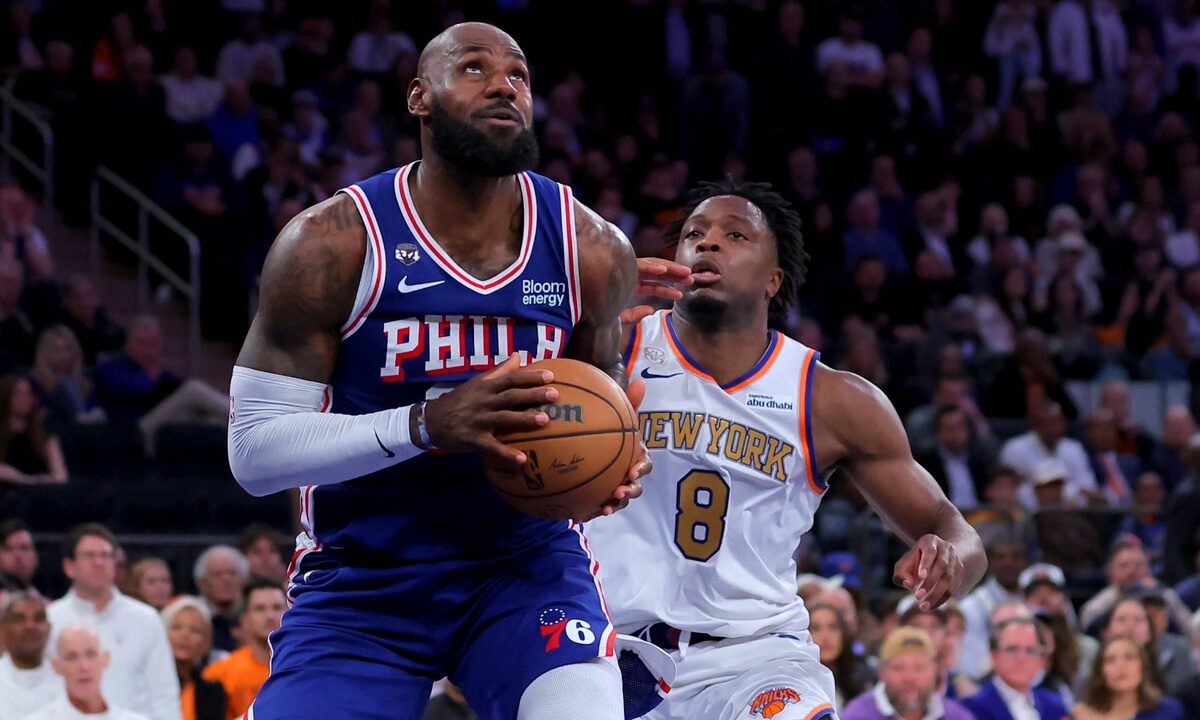 Philadelphia 76ers forward LeBron James #23 looks to shoot against New York Knicks forward OG Anunoby #8 at Madison Square Garden.