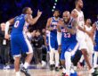 Philadelphia 76ers forward LeBron James #23 and guard Tyrese Maxey celebrate after a fourth-quarter score against the Cleveland Cavaliers at Xfinity Mobile Arena.