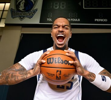 Dallas Mavericks forward P.J. Washington yells while gripping a basketball beneath a Mavericks logo and scoreboard.