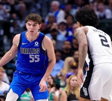 Dallas Mavericks guard Sergio de Larrea dribbles with his right hand as San Antonio Spurs guard Dylan Harper guards him.