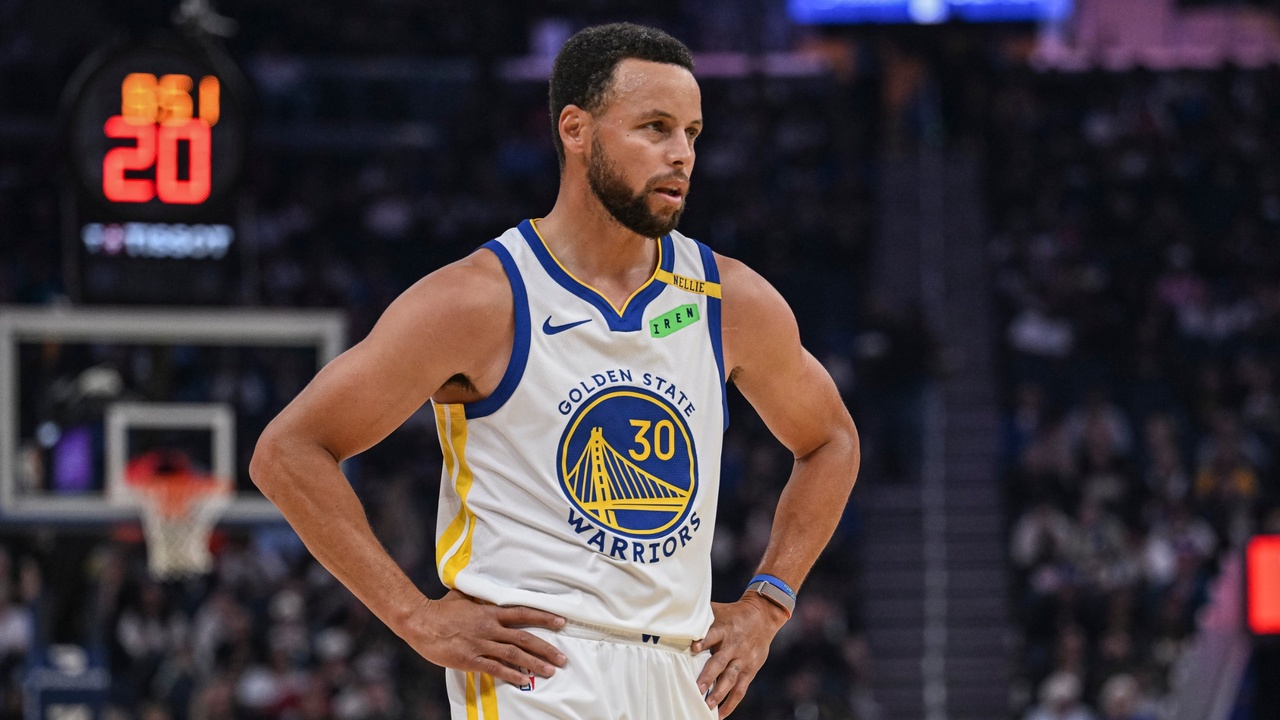 Golden State Warriors guard Stephen Curry #30 looks on during first-half action against the Sacramento Kings at Chase Center.