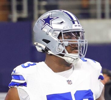 Cowboys guard Tyler Smith walks on the field during pregame warmups.