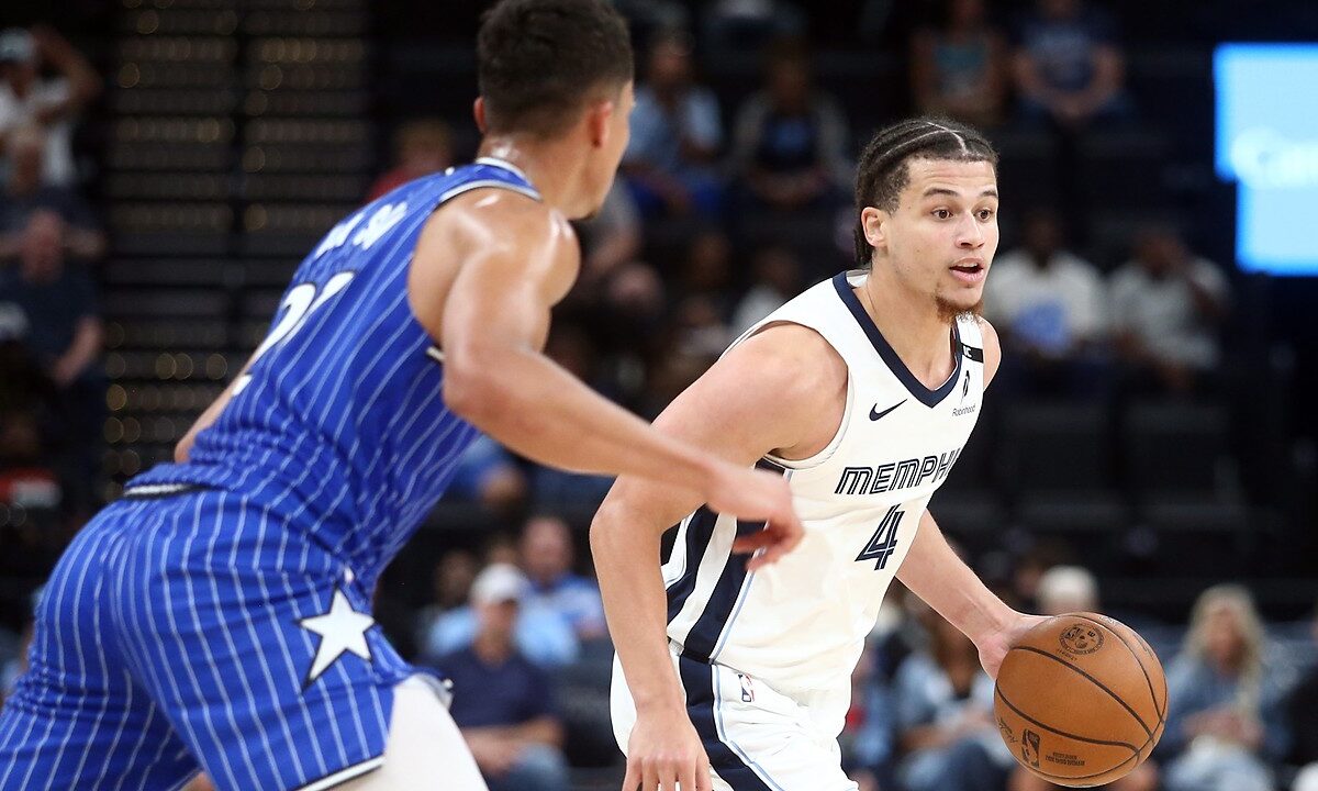 Memphis Grizzlies guard Walter Clayton Jr. dribbles with his left hand as an Orlando Magic defender guards him.