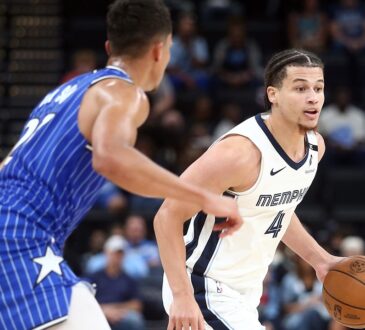 Memphis Grizzlies guard Walter Clayton Jr. dribbles with his left hand as an Orlando Magic defender guards him.