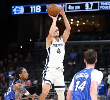Memphis Grizzlies guard Walter Clayton Jr. rises for a jump shot as two Orlando Magic defenders look on.