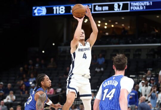 Memphis Grizzlies guard Walter Clayton Jr. rises for a jump shot as two Orlando Magic defenders look on.
