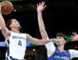 Memphis Grizzlies guard Walter Clayton Jr. rises for a one-handed layup as Orlando Magic center Colin Castleton reaches to contest.