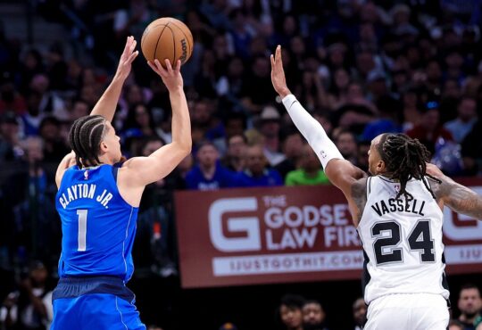 Dallas Mavericks Guard Walter Clayton Jr. Shoots Over Spurs Guard Devin Vassell